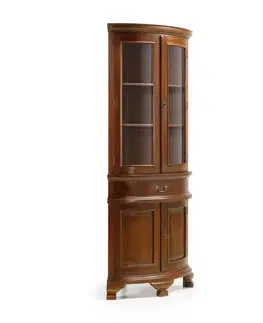 Estila Rustikální rohová vitrína M-VINTAGE z masivního dřeva tmavohnědé barvy s dvířky a zásuvkou 190cm