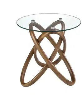 Estila Luxusní moderní příruční stolek Forma Moderna s designovou hnědou dřevěnou podstavou a kulatou skleněnou vrchní deskou 55 cm