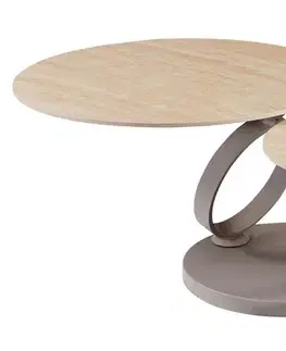 Estila Moderní béžový konferenční stolek Delin se dvěma otočnými kulatými keramickými deskami s travertinovým designem 135 cm