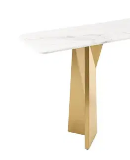 Estila Luxusní mramorový konzolový stolek Hejdy s bílou deskou s šedým žilkováním a zlatýma nohama s geometrickým designem 140 cm