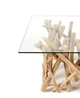 Estila Etno čtvercový konferenční stolek Sumba se světlou hnědou dřevěnou podstavou z větví a skleněnou deskou 80 cm
