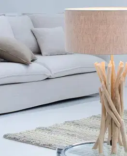 Estila Designová venkovská stolní lampa Cara s organickou podstavou z naplaveného dřeva a lněným stínítkem béžová 62 cm