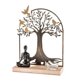 Kovový svícen na čajovou svíčku s dřevěným podstavcem Buddha, 17 x 23,5 x 6 cm