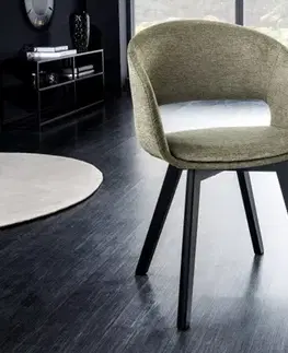 Estila Skandinávská jídelní židle Lena s olivově zeleným potahem a černýma nohama z kovu 80cm