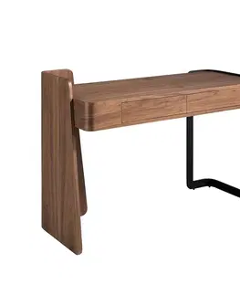 Estila Luxusní designový psací stůl Vita Naturale se dvěma šuplíky v ořechovém hnědém provedení s černou kovovou nohou 123 cm