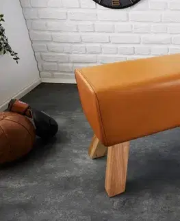Estila Designová lavice Sodor z pravé kůže v koňakové hnědé barvě s dřevěnýma nohama 100cm
