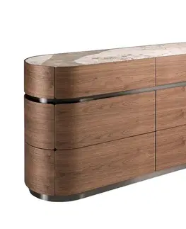 Estila Luxusní moderní oválná komoda Vita Naturale se šesti šuplíky v ořechové hnědé barvě s bělosivou mramorovou deskou 160 cm