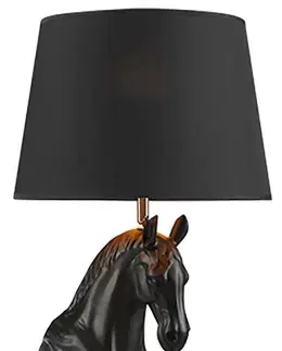 Estila Moderní stolní lampa Equina s černým stínítkem se zlatým vnitřkem a černou akrylovou sochou koně na mramorové podstavě 75 cm