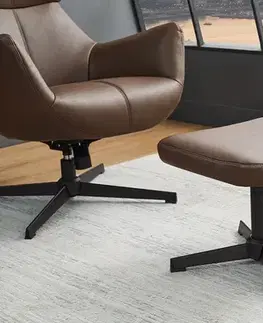 Estila Moderní industriální podnožka Krespa s hnědým potahem z ekokůže a černou kovovou nohou 36 cm