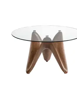 Estila Luxusní moderní skleněný kulatý jídelní stůl Vita Naturale s designovou hnědou dřevěnou podstavou 130 - 140 - 150 cm