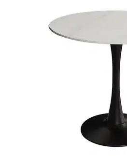 Estila Designový kulatý jídelní stůl Ceramia Blanca s bílou keramickou mramorovou deskou a černou kovovou nohou 80 cm