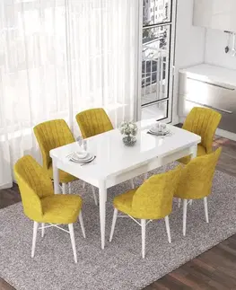 Extendable Dining Table & Chairs Set (7 Pieces) Nef - White, Mustard