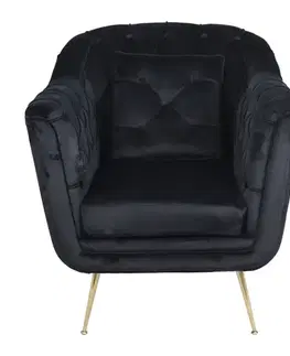 Estila Luxusní art deco černé čalouněné křeslo Melisa se sametovým prošívaným potahem a zlatými vysokými kovovými nožičkami 91 cm