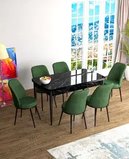 Extendable Dining Table & Chairs Set (7 Pieces) Han - Black Marble, Khaki