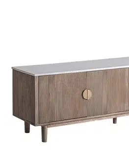 Estila Luxusní art deco TV stolek Neelam se čtyřmi dvířky s lamelovým designem s hnědého dřeva a bílou mramorovou deskou 200 cm