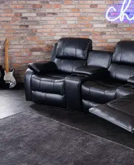Estila Luxusní moderní kinosedačka Phoenix s držákem na sklenice a úložným prostorem z ekokůže, třímístná černá 295 cm