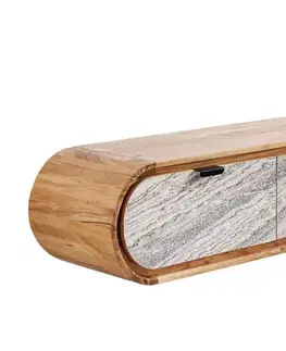 Estila Art deco závěsný masivní obdélníkový hnědý TV stolek Spin se třemi zásuvkami s mramorovým designem v bílé a šedé barvě 160 cm