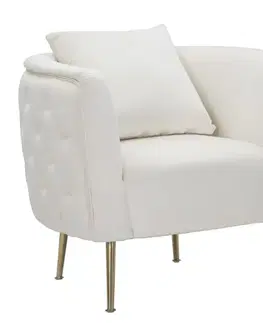 Estila Art deco čtvercové čalouněné prošívané křeslo Zeran v krémové sametové barvě se zlatými kovovými nožičkami 76 cm