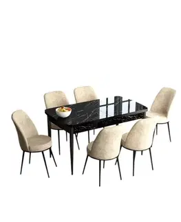 Extendable Dining Table & Chairs Set (7 Pieces) Han - Black Marble, Cream