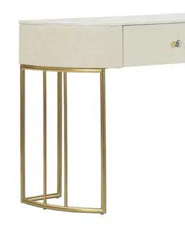 Estila Designový glamour béžový konzolový stolek Glamia Tapisé s koženým potahem s bílým mramorem se zlatou kovovou podstavou 100 cm