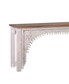 Estila Luxusní orientální konzolový stolek Keralia z mangového masivního dřeva v bílo-hnědém provedení s vyřezávaným zdobením 150cm