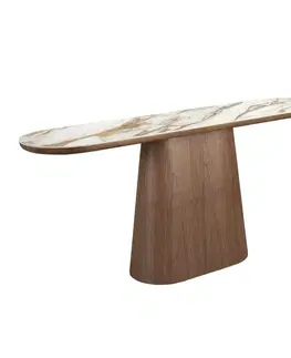 Estila Luxusní moderní oválný konzolový stolek Vita Naturale deskou s bílým mramorovým designem a ořechovou hnědou podstavou 180 cm