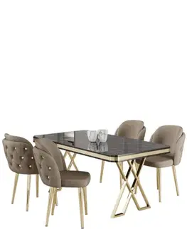 Dining Table & Chairs Set (5 Pieces) Rigel - Black Marble, Gold, Cappuccino