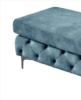 Estila Moderní chesterfield obdélníková taburetka Modern Barock se sametovým čalouněním v petrolejové modré barvě a nožičkami 95 cm
