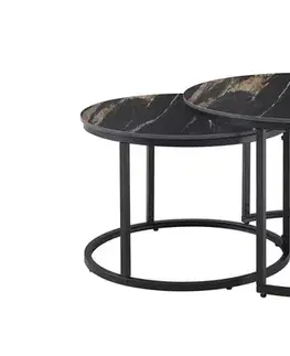 Estila Designová černá sada kulatých konferenčních stolků Ceramia a deskami s hnědým mramorovým dekorem a kovovou podstavou 47 cm