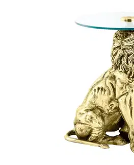 Estila Stylový art deco příruční stolek Tierra Glam s kulatou skleněnou deskou as nohou v podobě zlatého lva 60 cm