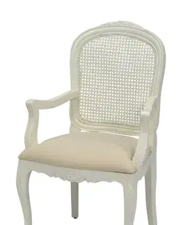 Estila Provence bíla jídelní židle Preciosa s čalouněním se vyřezávanými opěrkami s ratanovým výpletem 99cm