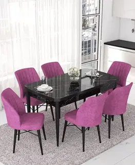 Extendable Dining Table & Chairs Set (7 Pieces) Nef - Black Marble, Purple