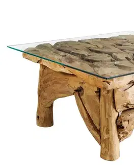 Estila Stylový etno čtvercový masivní konferenční stolek Wild s designem hnědého naplaveného dřeva s povrchovou skleněnou deskou 80 cm