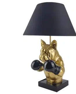 Estila Glamour stolní lampa Pop Atelier s černým stínítkem a podstavou se zlatou sochou buldoka s boxerskými rukavicemi 56 cm