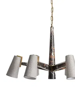Estila Luxusní art deco šestiramenný lustr Glauton s černou mramorovou konstrukcí se zlatými detaily a šedými stínítky 98 cm