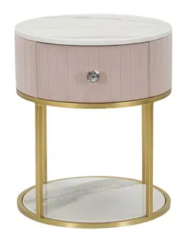 Estila Luxusní glamour růžový kulatý čalouněný noční stolek Glamia Tapisé se šuplíkem s bílým mramorem a zlatou konstrukcí 42 cm
