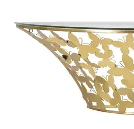 Estila Designový glamour nástěnný konzolový stolek Papillon se zlatou podstavou s motivem motýlů a půlkruhovou skleněnou deskou 120 cm