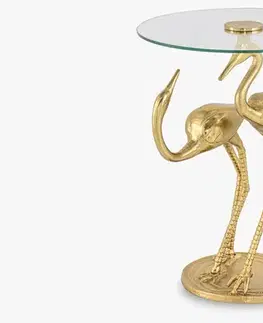Estila Stylový kulatý příruční stolek Tierra Glam se skleněnou deskou a kovovou zlatou nohou s podstavou v podobě dvou jeřábů 55 cm