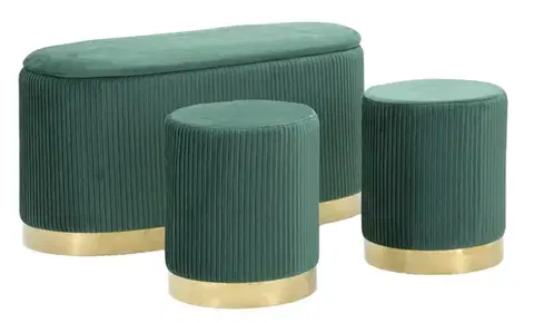 Estila Designová art deco sada Ponzi ze dvou taburetek a oválné lavice s úložným prostorem se zeleným čalouněním 80 cm