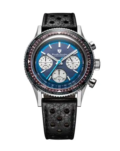 Nivada Grenchen Chronoking Racing Blue Lagoon - Inter. Bezel - Black Racing Strap