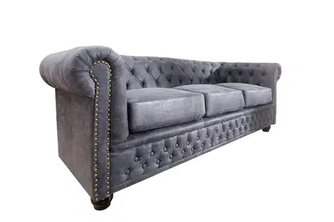 Estila Luxusní chesterfield kožená třímístná čalouněná sedačka Chesterfield Grau v šedé barvě se zlatými nýty 200 cm
