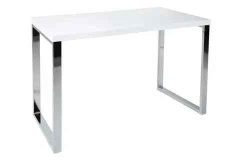 Estila Moderní psací stůl Linear s bílou lesklou deskou a hranatým kovovým nohama ve stříbrné chromové úpravě 120 cm