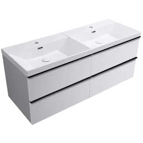 CERANO Koupelnová skříňka Velora bílá matná, úchytka černá + keramické dvojumyvadlo Viano bílá lesklá 121,5x58x46,5  CER-305728
