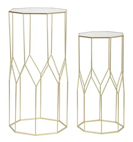 Estila Art deco set osmiúhelníkových kovových zlatých příručních stolků Lamier se skleněnou vroubkovanou deskou 100 cm