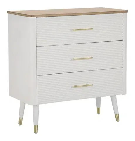 Estila Art deco obdélníková bílá komoda Samira se třemi zásuvkami se zlatými úchyty a hnědou vrchní deskou 80 cm