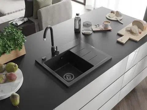MEXEN/S Ben granitový dřez 1 s odkapávačem levý 600 x 500 mm, černá, sifon černá 6522605000-77-B