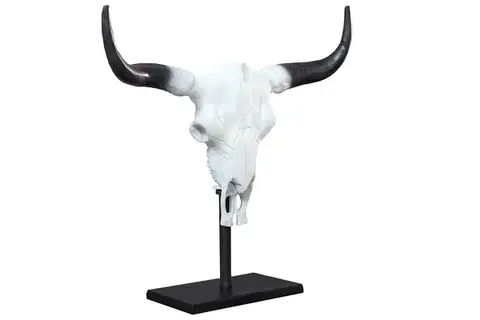 Estila Venkovská bílá dekorace Bull s černými rohy na zeď nebo postavení na obdélníkový černý stojan 50 cm