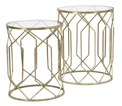 Estila Designová glamour sada kulatých příručních stolků Aurelle se skleněnými deskami a zlatým rámem s geometrickým vzorem 53 cm