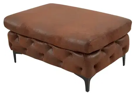 Estila Chesterfield obdélníková hnědá kožená čalouněná prošívaná taburetka Modern Barock s černými kovovými matnými nožičkami 90 cm