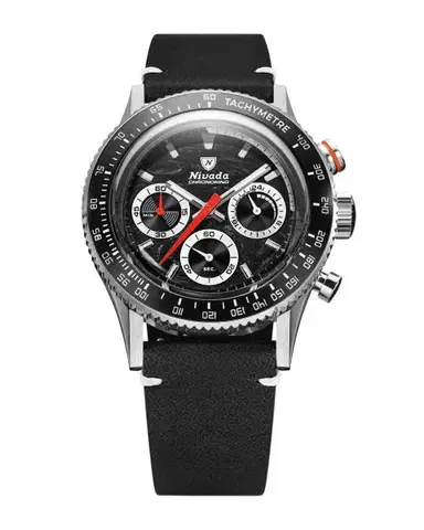 Nivada Grenchen Chronoking Mecaquartz Racing Black - Inter. Bezel - Black Leather White Stitching